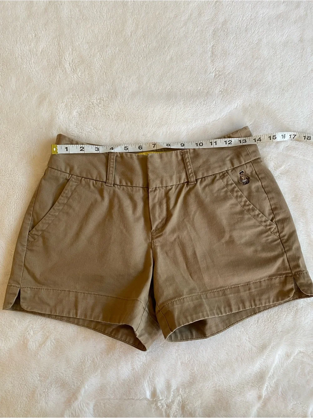 Khaki / Tan Cotton Trouser Mini Short Shorts -Mid Rise, Slant Pockets, 3” long - Picture 10 of 13